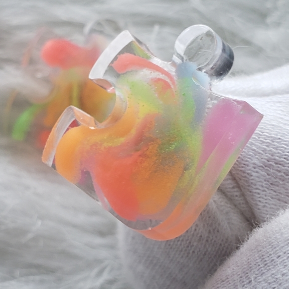 Handmade Rainbow Clear Puzzle Pieces Stud Earrings - Reacts to UV Light - Picture 2 of 7